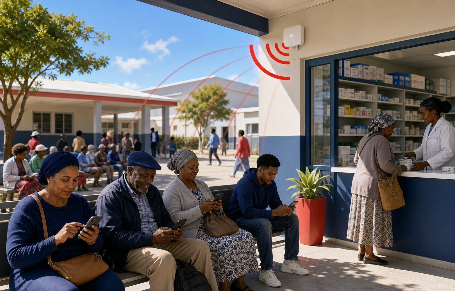 Patients outside a clinic and pharmacy using free WiFi while they wait.