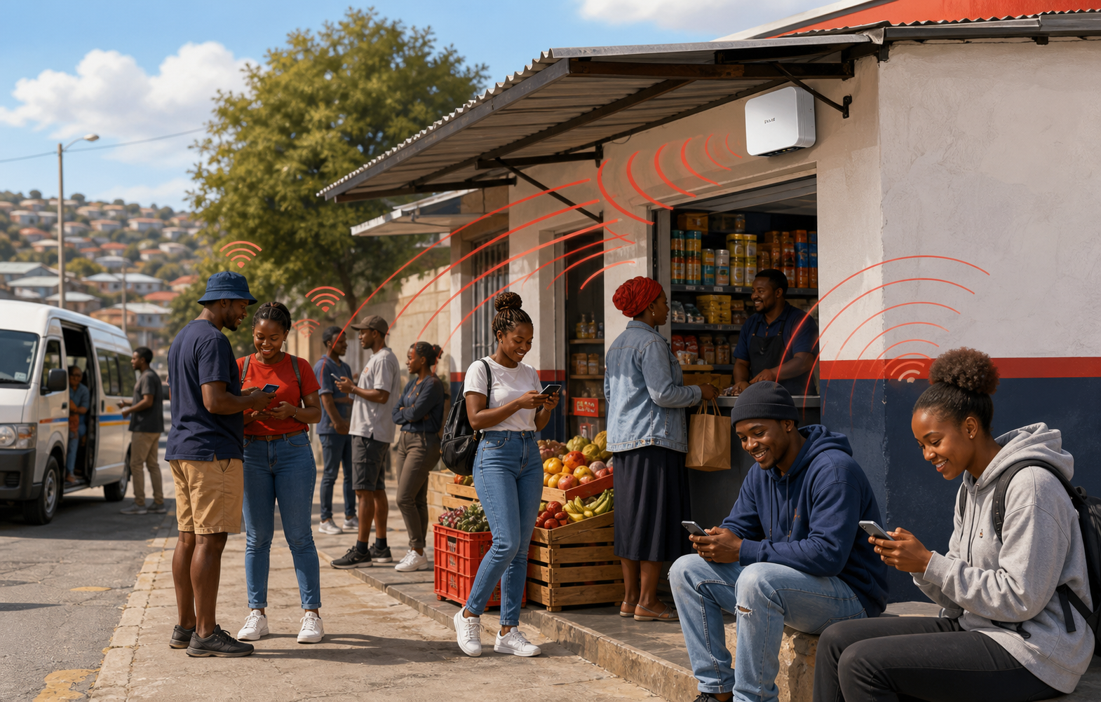 A spaza shop becoming a neighbourhood WiFi hub with people gathered outside on their phones.