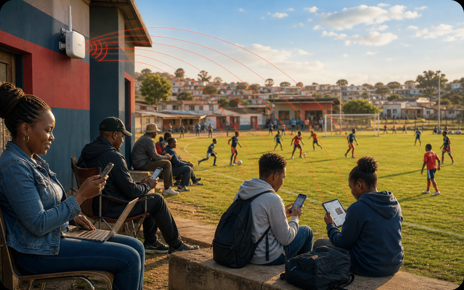 A community soccer field covered by a WiFi hotspot while parents and learners connect nearby.