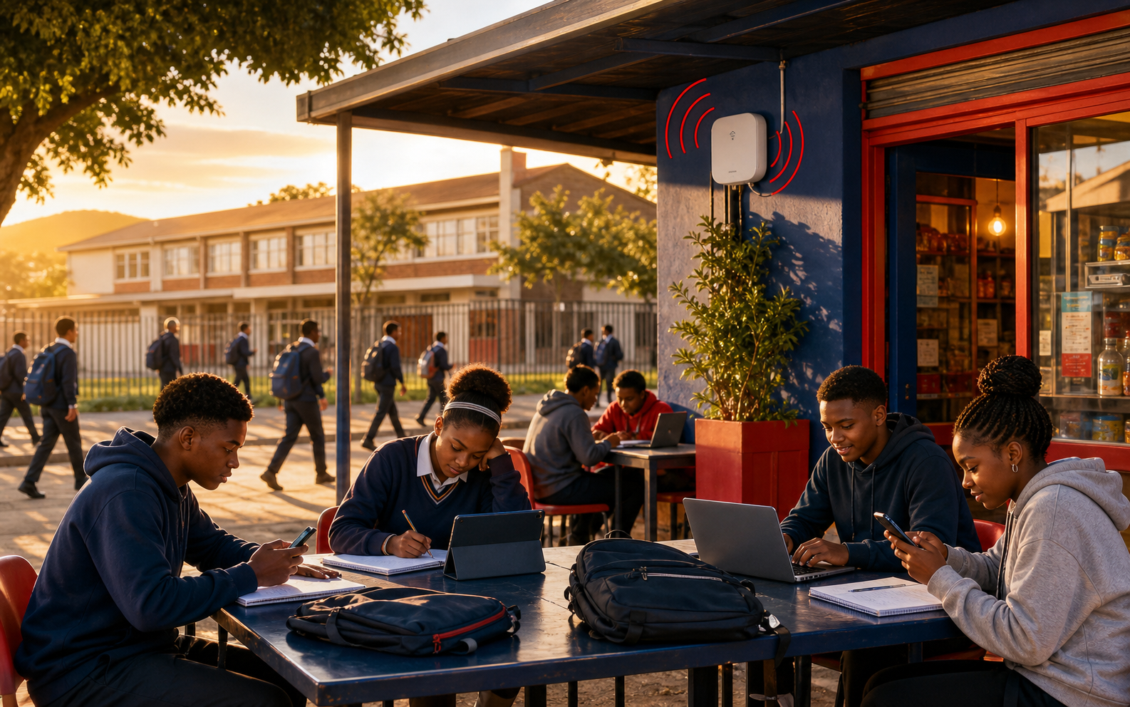 Learners studying online after school at a safe business-hosted WiFi zone.