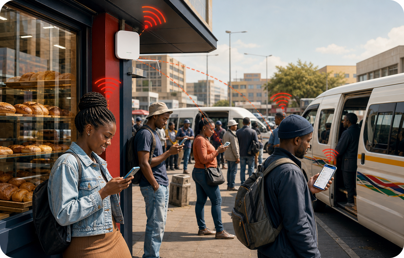 A bakery beside a busy taxi rank offering Community Free WiFi to commuters using their phones.