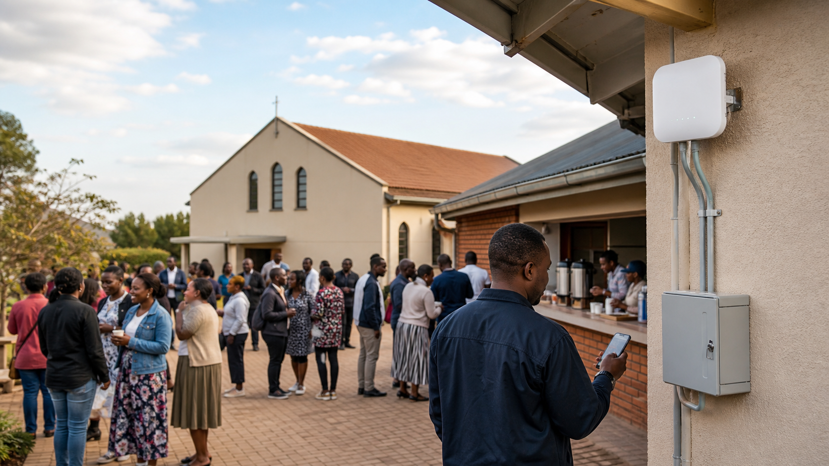 Modern church sanctuary with managed WiFi access point and livestream equipment