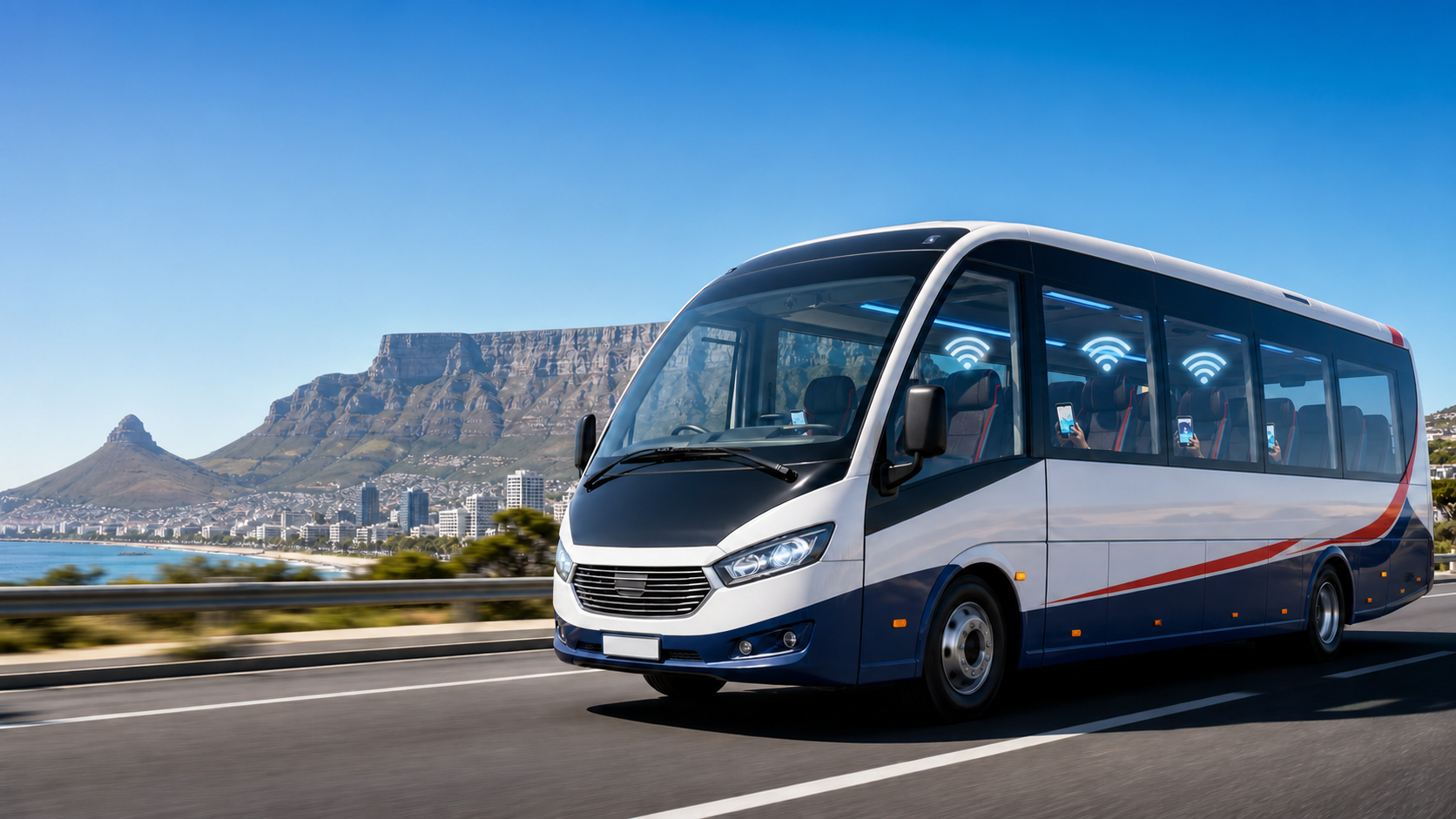 Connected shuttle with passenger WiFi moving through Cape Town